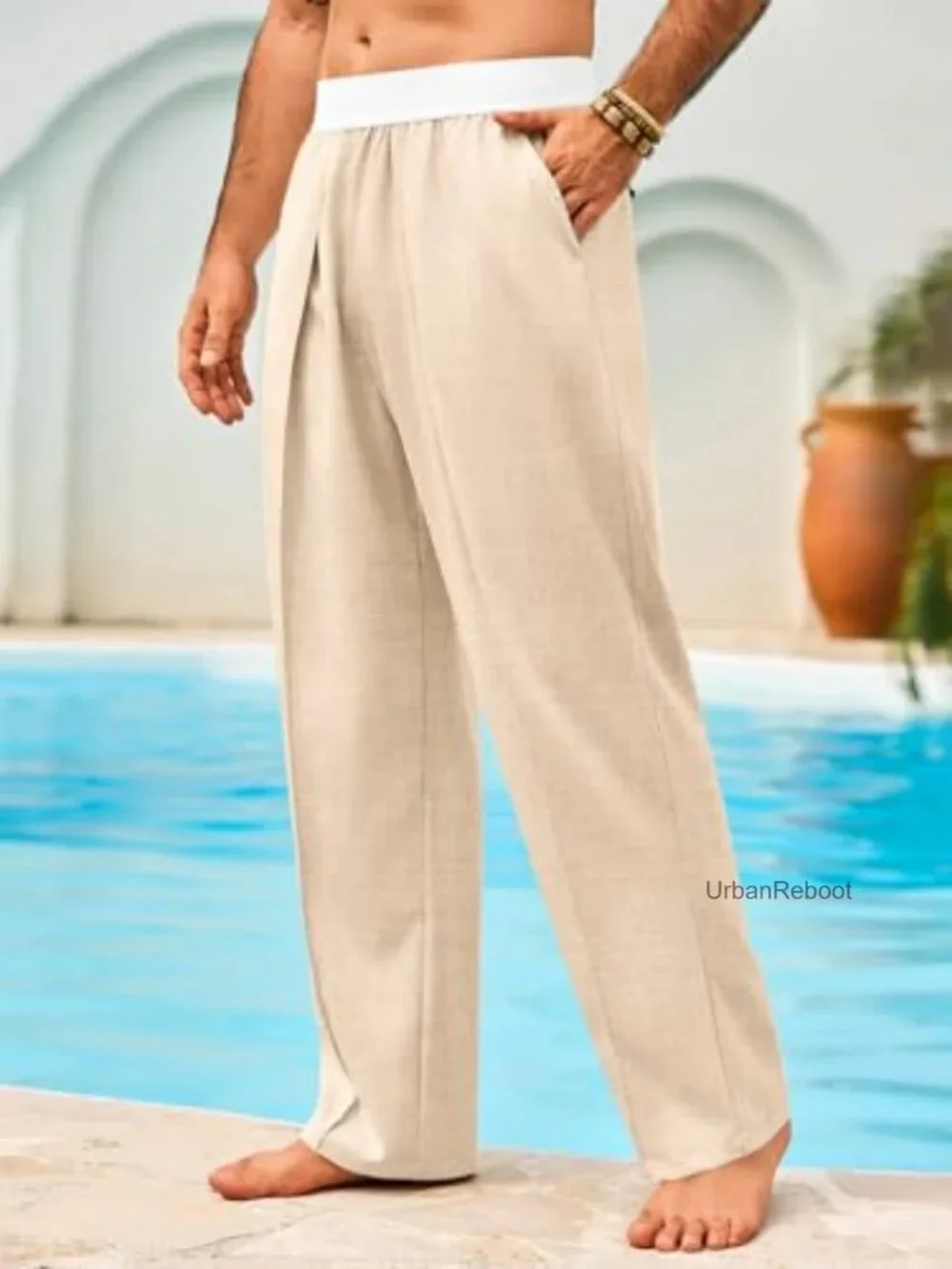 Mens Linen Pants Elastic Waist Straight Leg Casual Summer Yoga
